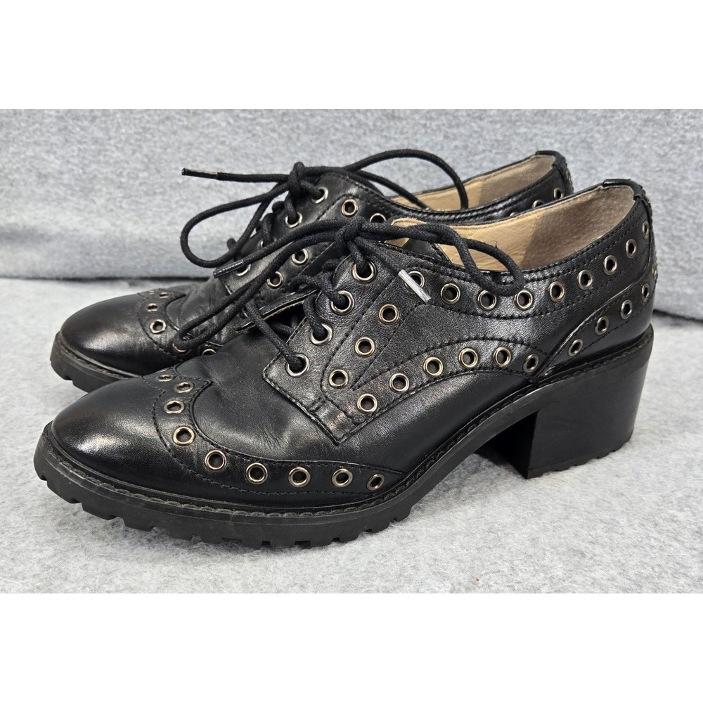 Michael Kors Black Leather Grommet Eyelet Lace Up Block Heel Oxfords 7M Goth - Picture 2 of 7